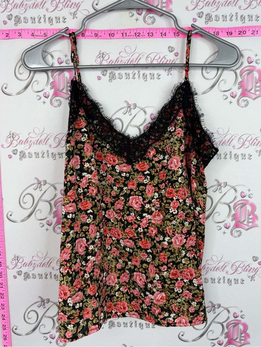 bp Black Floral Lace-Trim Cami with Pink Roses Lacie sexy cute